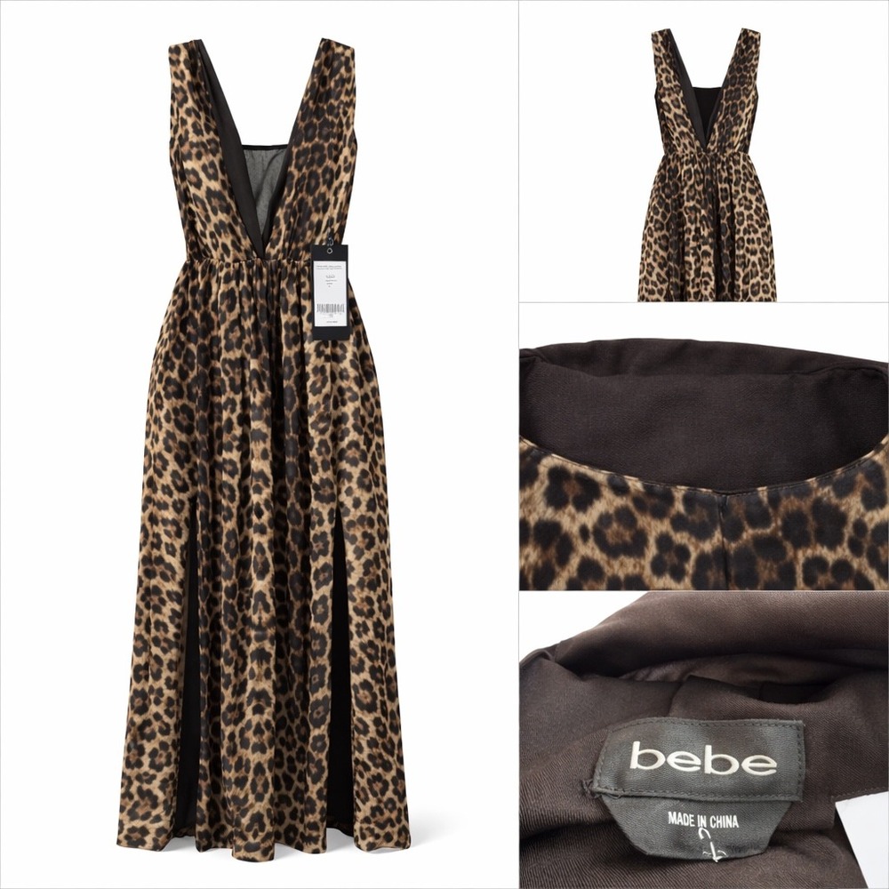 Bebe Leopard Pleated Double Slit Maxi Dress NWT Brown Animal Print Size 2 101241